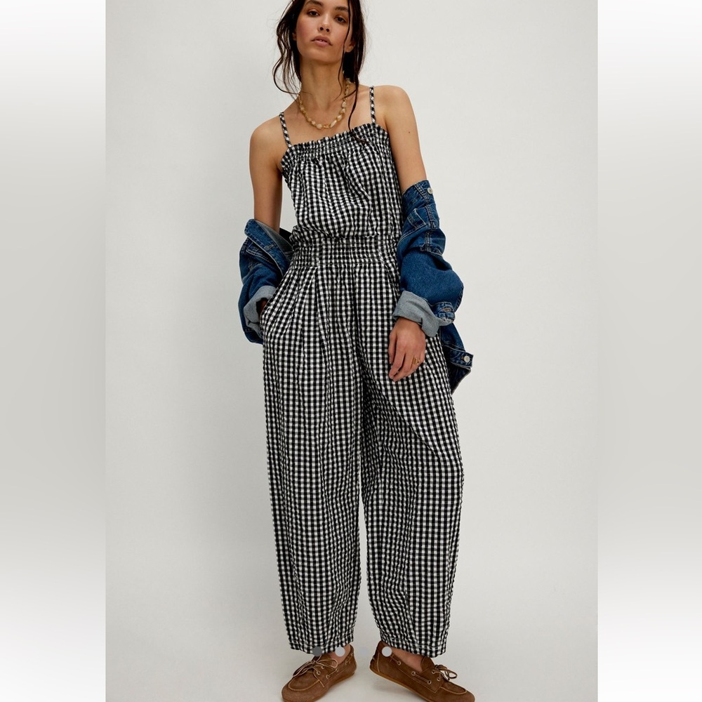 Free People Retro Heatwave Gingham One Piece Jumpsuit Black Summer